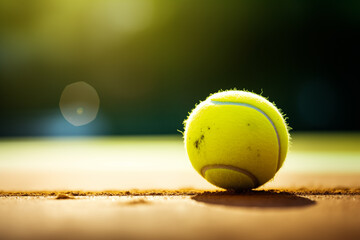 Yellow tennis ball hitting clay court, close up detailed, view. Macro photography of tennis match on a clay court and sport equipment.  - obrazy, fototapety, plakaty