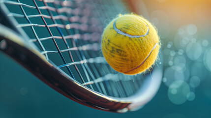 Yellow tennis ball hitting racket, close up detailed view. Macro photography of tennis match and sport equipment. - obrazy, fototapety, plakaty