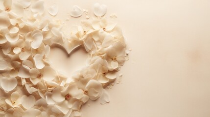  a heart made out of white flowers on a white surface with a small amount of petals in the shape of a heart.