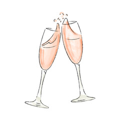 Two doodle champagne glasses. Hand drawn watercolor celebration design. Vector illustration color of the year.