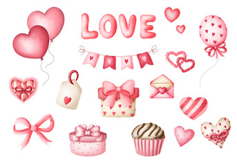Happy Valentine’s Day png, Valentine’s Day watercolor set, set of pink hearts , cute happy stickers with hearts, valentines day postcard