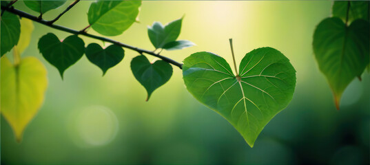 Obraz premium Green Leaf in the Shape of Heart Hanging on Branch, Love Nature Concept
