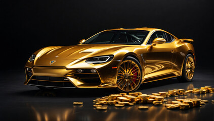 A gold sports car surrounded by gold coins against a black background