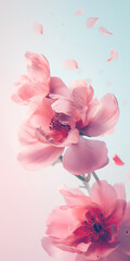 Fototapeta na wymiar Flowers. Phone wallpaper. Delicate pink flowers in bloom with petals gently falling against a soft blue sky.