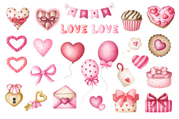 Happy Valentine&rsquo;s Day png, Valentine&rsquo;s Day watercolor set, set of pink hearts png, cute happy stickers with hearts, valentines day postcard 