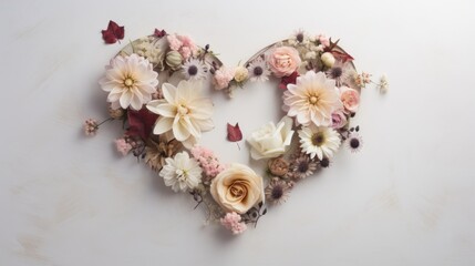  a heart shape made out of flowers on a white surface with a butterfly flying over the top of the heart.