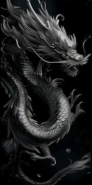 Chinese Dragon. Silver dragon on a black background with intricate details and flowing mane. Phone wallpaper. 