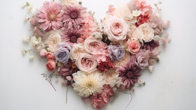  a heart - shaped arrangement of pink and white flowers arranged in the shape of a heart on a white background.