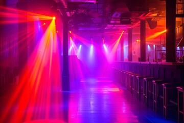 Colorful rays of light and smoke on a dance floor in a night club. A long bar in the club