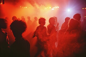 Fototapeta premium Silhouettes of people dancing at a music festival, lights and smoke. Crowd of people dancing at concert