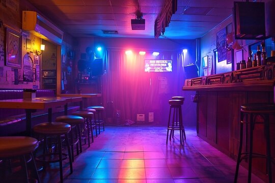 Interior view of a bar in a night club with neon lights