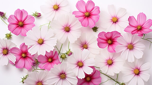  a bunch of pink and white flowers on a white background with a yellow center in the middle of the picture.