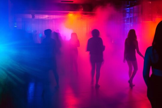 People dancing in the nightclub. Silhouettes of people dancing in a nightclub with colored lights.