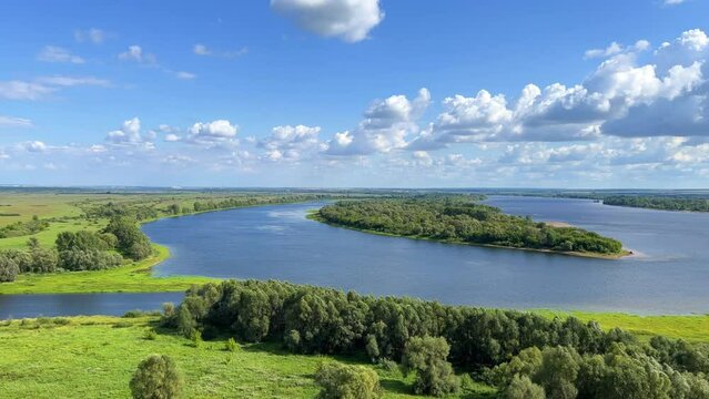Picturesque view of the Kama River from the observation deck at the Yelabuga settlement. The movement of clouds over the river. Lower Kama National Park. Yelabuga, Republic of Tatarstan, Russia, 4K