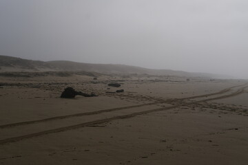 The beach of Cap Ferret on a foggy day. Cap Ferret, France - January 23, 2024.