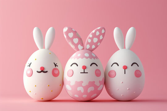 Three cute white decorated Easter eggs with cheerful faces and bunny ears on smooth pink background symbolizing happy Easter concept