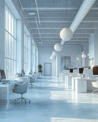 Empty modern bright white open space business office with furniture, computers, large windows, chairs with sunlight - obrazy, fototapety, plakaty