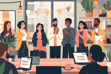 An Illustration image capturing the moment of employee recognition with colleagues applauding and celebrating, Focus on the joy and appreciation in their expressions, Business team clapping. - obrazy, fototapety, plakaty