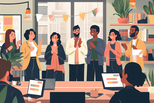 An Illustration image capturing the moment of employee recognition with colleagues applauding and celebrating, Focus on the joy and appreciation in their expressions, Business team clapping.