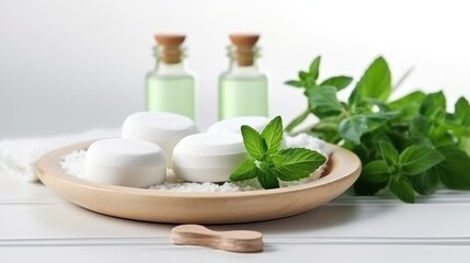  a wooden bowl filled with green leaves next to two bottles of pills and a wooden spoon on a white surface.