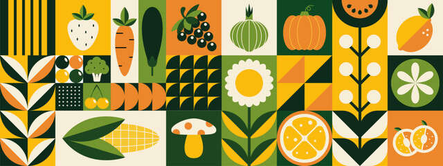  Autumn pattern. Ukrainian style. Minimalism with simple geometric shapes. Vegetable set
