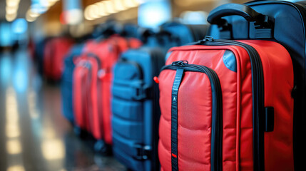 Vibrant suitcases lined up, awaiting travelers at the airport.