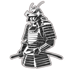 Japanese Samurai with katana embroidery effect vector 