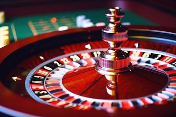 Casino roulette table in casino. Casino Roulette Wheel in Motion. Casino concept with copy space. . Gambling concept. Casino roulette wheel with motion blur background.