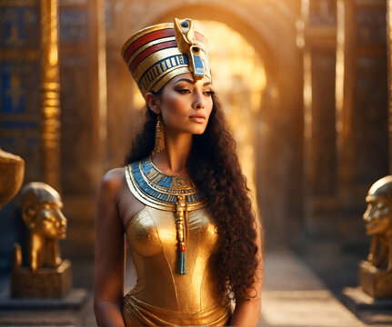 Hathor Egyptian goddess portrait in precious headdress and necklace posing against golden light bokeh. close up