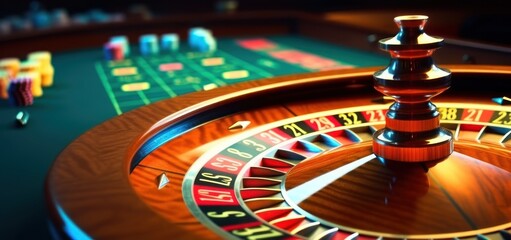 Casino roulette table in casino. Casino Roulette Wheel in Motion. Casino concept with copy space. . Gambling concept. Casino roulette wheel with motion blur background.