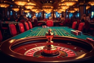 Casino roulette table in casino. Casino Roulette Wheel in Motion. Casino concept with copy space. . Gambling concept. Casino roulette wheel with motion blur background.