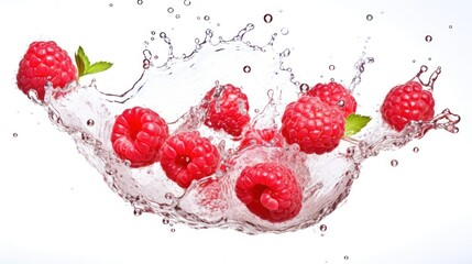  a group of raspberries splashing into a glass of water with a green leaf on top of it.