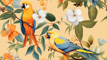  a painting of two parrots sitting on a branch of a tree with white flowers and orange and yellow flowers.