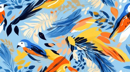 a bunch of colorful birds that are on a blue and orange background with leaves and flowers in the foreground.