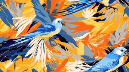  a group of blue and yellow birds sitting on top of a yellow and blue flowered background of leaves and flowers.