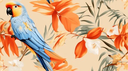  a blue and yellow parrot sitting on a branch of a tree with orange and white flowers on a peach background.