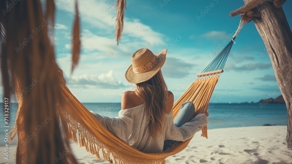 Canvas Prints  a woman in a straw hat sitting in a hammock on the beach looking out at the ocean and the sky.