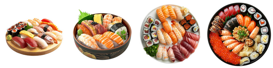 Popular Japanese menu salmon tuna sushi collection in 3d png transparent with no background. Created using generative AI. - Powered by Adobe