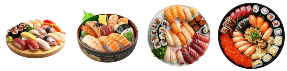 Muurstickers Popular Japanese menu salmon tuna sushi collection in 3d png transparent with no background. Created using generative AI. © Sun