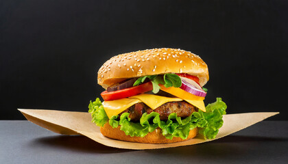 Hamburger, hamburger with cheese, meat, tomato, salad. Fast food lunch