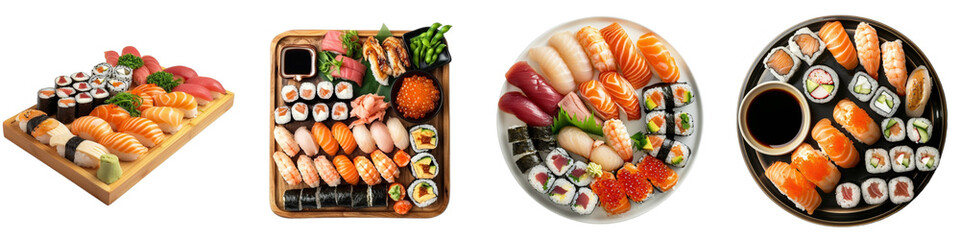 Famous Japan salmon tuna sushi set in 3d png transparent no background. Created using generative AI.