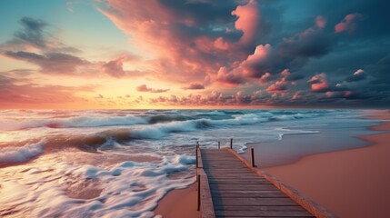  a pier that is next to a body of water with waves coming up to it and a sunset in the background.