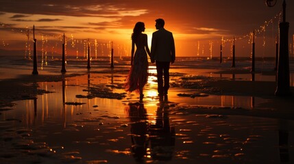  a man and a woman are standing on the beach holding hands and looking at the sun setting in the distance.