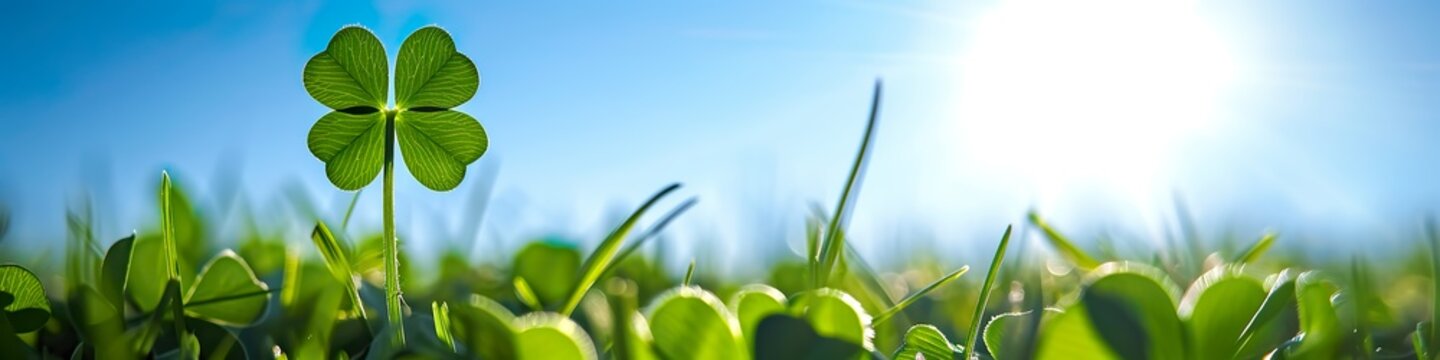 Single good luck four-leaf clover with copy space for text. Vertical Background banner for best wishes and unique, rare, or special individual concept.