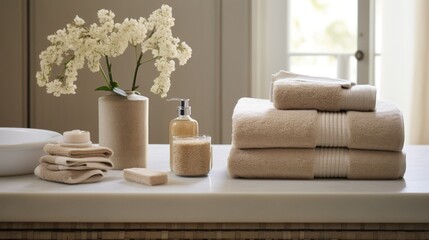  a bunch of towels sitting on top of a counter next to a vase of flowers and a bottle of lotion.