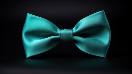  a close up of a teal bow tie on a black background with a light reflection on the side of the bow.