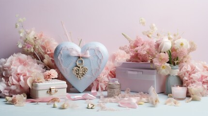  a blue heart shaped box surrounded by pink and white flowers and other pink and white flowers and other pink and white items.
