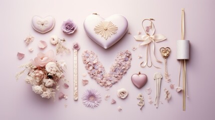  a variety of decorative items arranged in the shape of a heart and the word love on a light pink background.