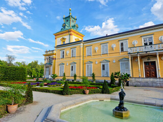 WARSAW, WILANOW, POLAND  July 11, 2023 : Fountain near Wilanow Palace in Warsaw, Poland