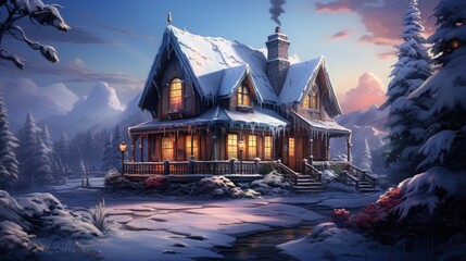 Obraz premium A charming cottage covered in snow, surrounded by a winter wonderland. Perfect for holiday and seasonal designs
